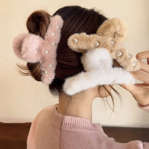 Lot de pinces à cheveux en peluche avec perles en rose, kaki et blanc pour femme