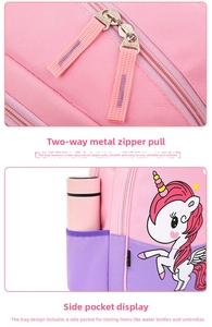 Detail of durable two-way metal zippers and side mesh pocket with water bottle on pink backpack