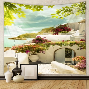 Detail of Mediterranean landscape tapestry featuring white houses and pink flowers