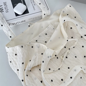 Detailed macro view of floral tote bag with textured fabric and internal pocket
