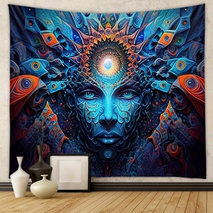 Psychedelic wall tapestry with abstract divine face and orange fluid art details
