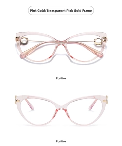 Detailed view of pink gold cat-eye TR90 frames with metallic rhinestone temple accents