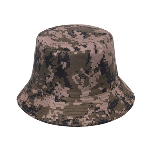 Close-up of durable digital camo fabric and reinforced stitching on outdoor bucket hat