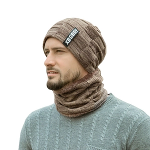 Men's winter knit beanie and neck warmer set with fleece lining and checkered pattern