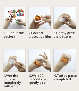 Six-step tutorial showing how to apply Halloween temporary tattoos with pumpkin patterns