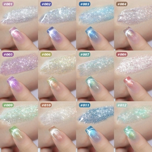 Detailed swatches of 12 sparkling cat eye nail gel polish colors with magnetic glitter effect