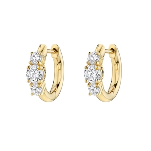 Detailed view of gold C-shaped earrings with three vertical sparkling zircon stones