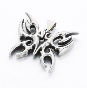 Detailed view of punk style silver butterfly pendant with hollow flame patterns