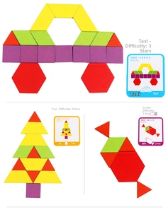 Creative wooden puzzles showing taxi, tree and candy shapes with cards