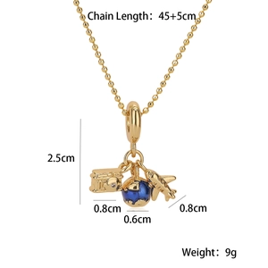 Detailed dimensions of 18K gold plated necklace with airplane and camera charms