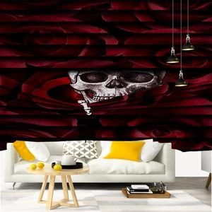 Gothic wall tapestry featuring dark red roses surrounding a realistic skull design