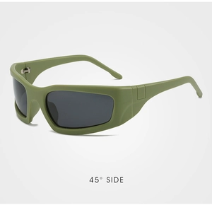 Detailed 45-degree side view of matte olive green sports sunglasses with grey lenses