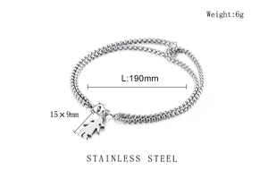 Dettaglio del bracciale a doppio strato in acciaio inossidabile argento con misure