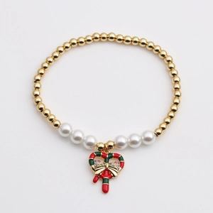 Bracelet de Noël avec perles dorées, perles blanches et pendentif cœur en émail coloré