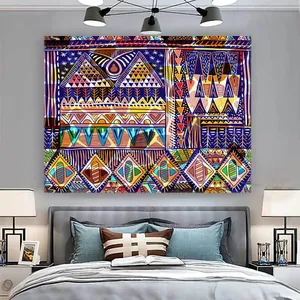 Macro shot of bohemian tapestry details with geometric patterns and vibrant color mix