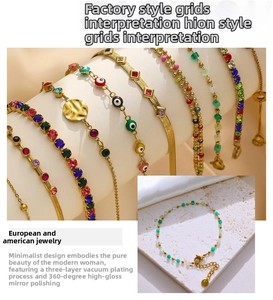 Detail of gold Bohemian bracelets with evil eye motifs and colorful zircon inlay