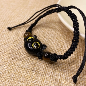 Handmade black cat woven bracelet with tiger eye beads and adjustable cord for couples