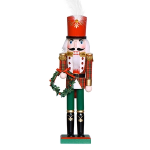 38cm Christmas Nutcracker Soldier in red and green plaid uniform holding a green wreath