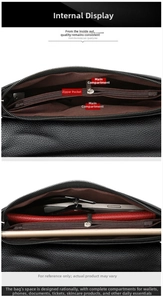 Internal structure of black litchi pattern bag with double main pockets and zip divider