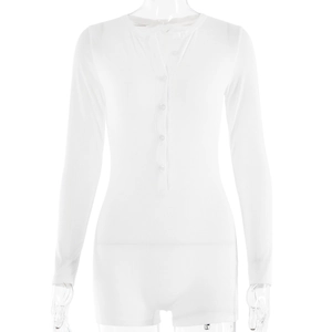 Dettaglio body bianco a maniche lunghe in maglia a costine con bottoni singoli