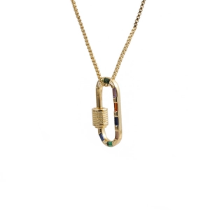 Golden box chain necklace featuring a carabiner pendant set with multi-colored zircons