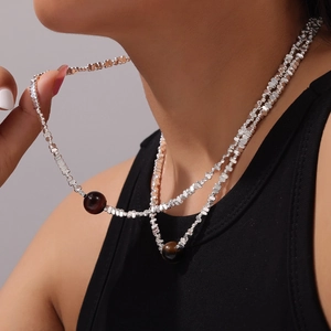 Minimalist silver square beaded necklace with tiger eye stone pendant for women