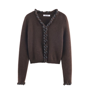 Cardigan Tricoté Femmes Col En V Bordure Tressée Manches Longues Décontracté Marron Polyester Spandex