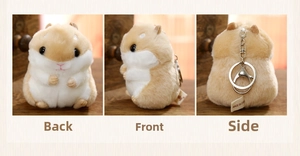 Cute plush hamster keychain with soft beige fur and metal ring shown from multiple angles