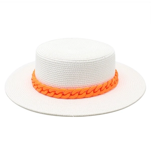 White straw boater hat with vibrant orange chain link accent for summer beach vacations