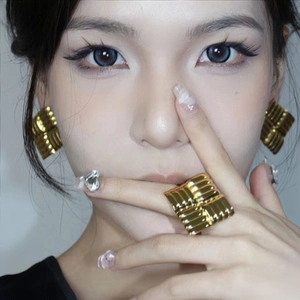 Geometric Square Stainless Steel Earrings And Ring Woven Texture Chunky Gold Silver Two-Tone Retro Fashion Jewelry Women