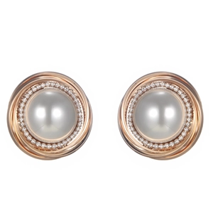 Elegant rose gold pearl stud earrings with sparkling cubic zirconia halo and circular band