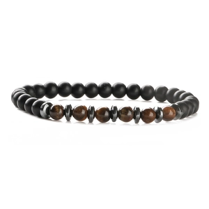 Elastic beaded bracelet with matte black agate and tiger eye stones for men and women