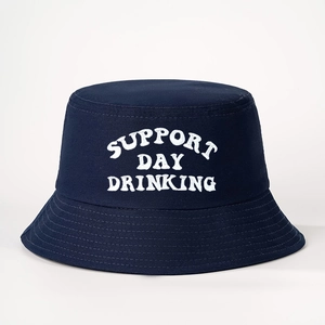 Navy blue bucket hat with Support Day Drinking embroidery on premium cotton twill
