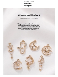 Detailed view of gold plated star and moon charms with micro-paved cubic zirconia