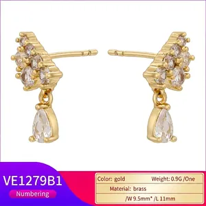 18K gold plated brass stud earrings with star cluster zircons and drop tassel