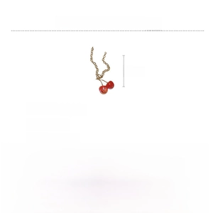 Detail view of resin cherry pendant with golden alloy chain and product dimensions