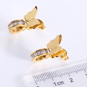 Frosted gold butterfly earrings in stainless steel with zircon inlay and measurement scale