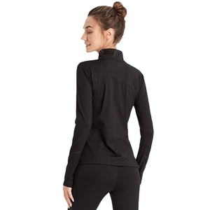 Back view of a black long sleeve zipper sports jacket and leggings set for gym workout