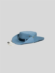 Detail of blue outdoor boonie hat with adjustable wind cord and metal side vents