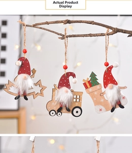 Three wooden gnome ornaments with white plush beards hanging on a Christmas tree