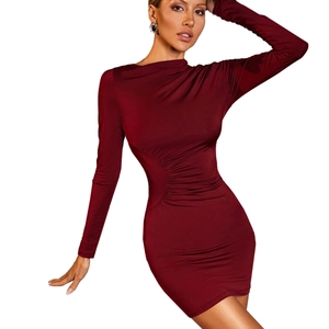 Slim fit burgundy long sleeve dress with waist ruching and high neck design
