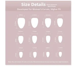 Size chart showing 12 dimensions of short almond press-on nails for a perfect fit