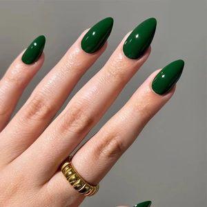 Press On Nails Dark Green Glossy Almond Shape Long Solid Color Simple Elegant False Nail For Women