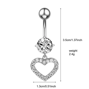 Silver belly button ring with heart-shaped crystal pendant and size dimensions