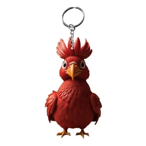 Creative red cartoon rooster keychain with silver metal ring and detailed feather texture