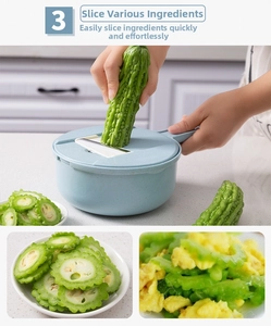 Kitchen vegetable slicer set with blue bowl showing bitter melon slicing and stainless blades