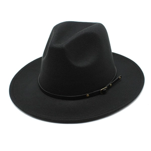 Classic black wool fedora hat with a leather band and metal buckle for women