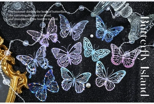 Close-up of iridescent butterfly stickers for scrapbooking with vintage decor items