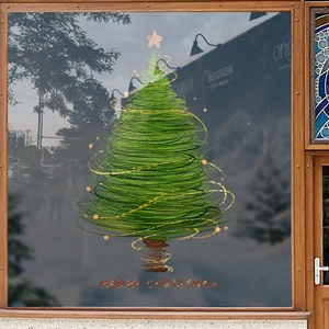 Christmas tree window decal with gold ribbons and Merry Christmas text for festive decor