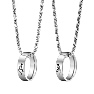 Minimalist silver heart gesture ring necklace with stainless steel box chain for couples